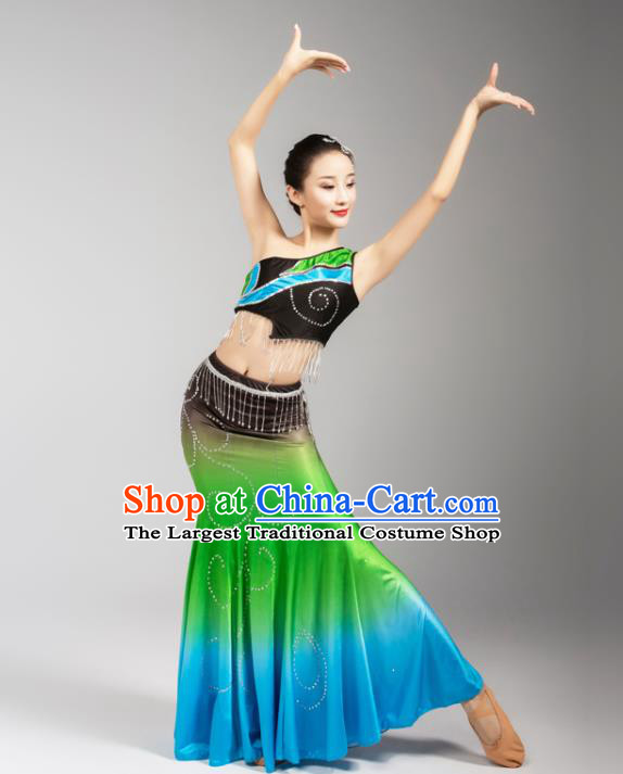 China Yunnan Ethnic Folk Dance Green Skirt Outfits Traditional Dai Nationality Peacock Dance Performance Clothing