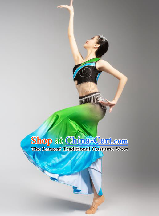 China Yunnan Ethnic Folk Dance Green Skirt Outfits Traditional Dai Nationality Peacock Dance Performance Clothing