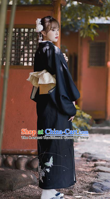 Japanese Traditional Printing Butterfly Black Yukata Clothing Asian Japan Young Lady Uchikake Kimono Dress
