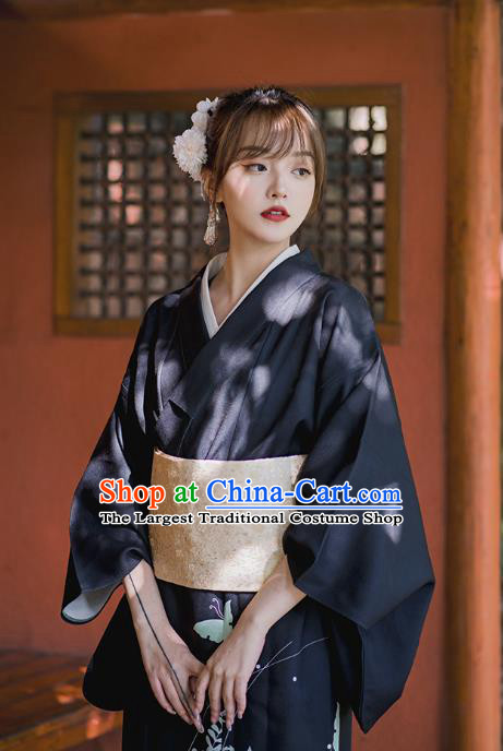 Japanese Traditional Printing Butterfly Black Yukata Clothing Asian Japan Young Lady Uchikake Kimono Dress