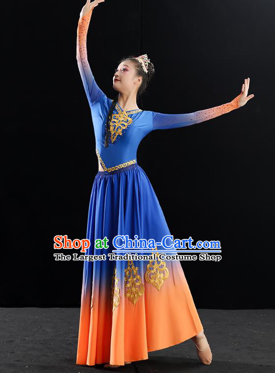 China Traditional Uyghur Nationality Folk Dance Clothing Xinjiang Ethnic Stage Performance Blue Dress Outfits