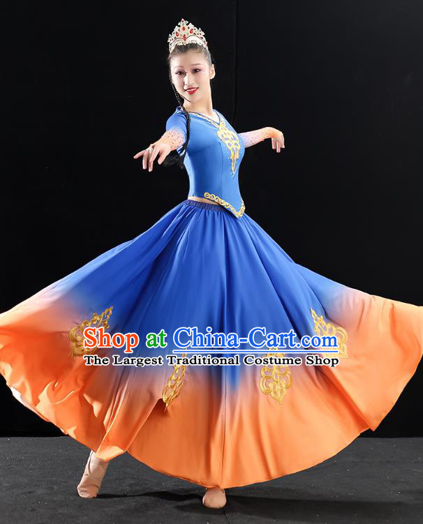 China Traditional Uyghur Nationality Folk Dance Clothing Xinjiang Ethnic Stage Performance Blue Dress Outfits