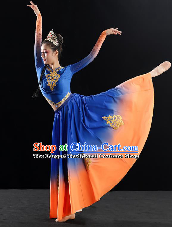 China Traditional Uyghur Nationality Folk Dance Clothing Xinjiang Ethnic Stage Performance Blue Dress Outfits