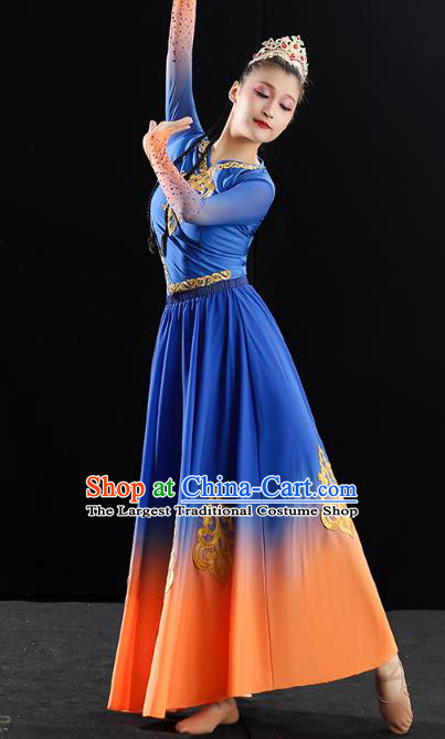 China Traditional Uyghur Nationality Folk Dance Clothing Xinjiang Ethnic Stage Performance Blue Dress Outfits