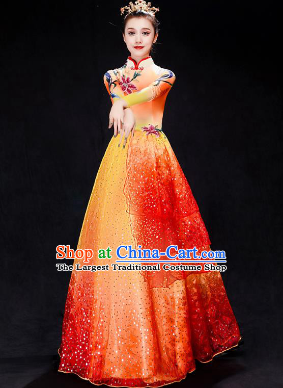 China Modern Dance Clothing Chorus Performance Orange Dress Spring Festival Gala Opening Dance Costume