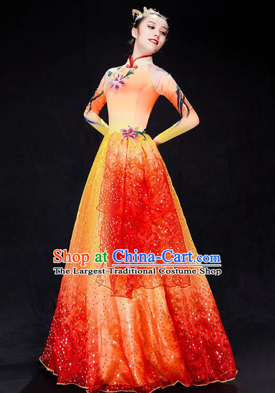 China Modern Dance Clothing Chorus Performance Orange Dress Spring Festival Gala Opening Dance Costume