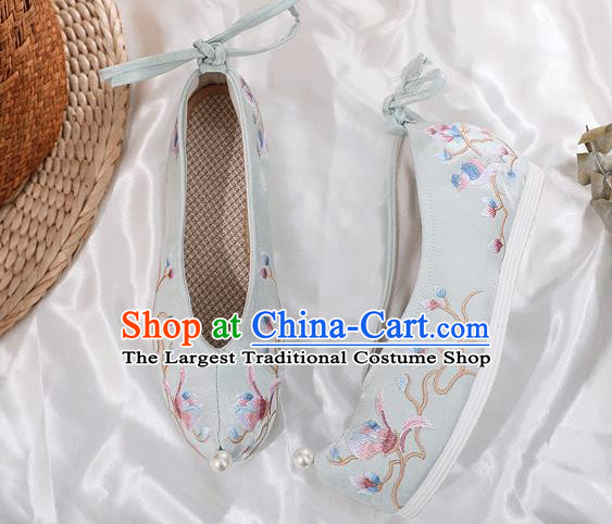 China Embroidered Mangnolia Shoes National Light Blue Satin Shoes Traditional Ming Dynasty Princess Bow Shoes