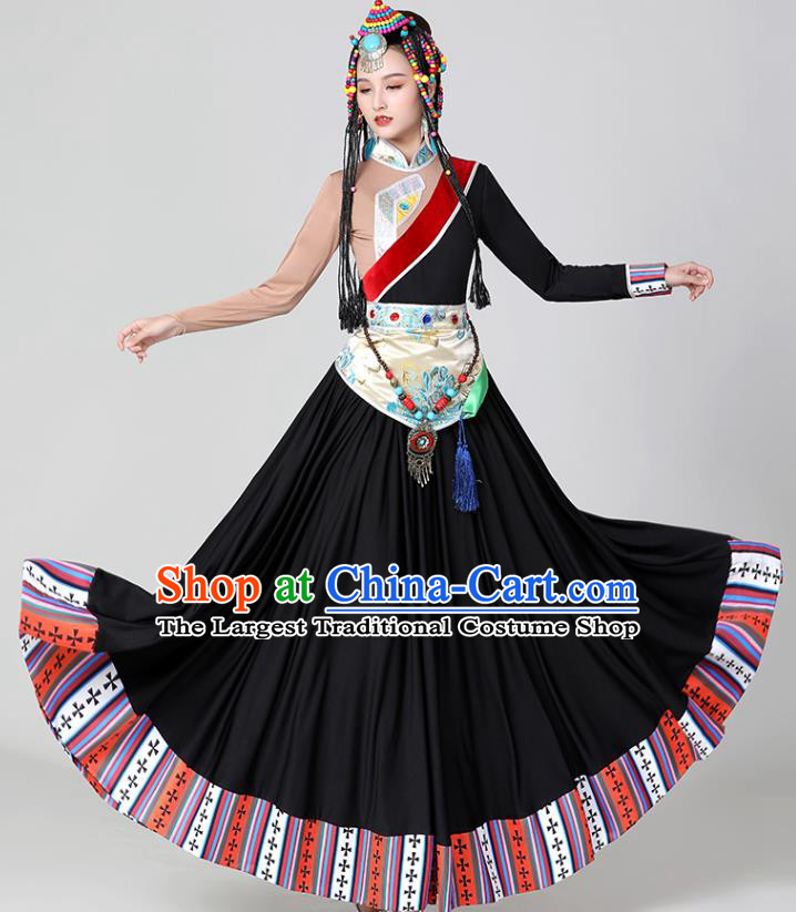 Chinese Tibetan Ethnic Folk Dance Costume Traditional Zang Nationality Stage Performance Black Dress