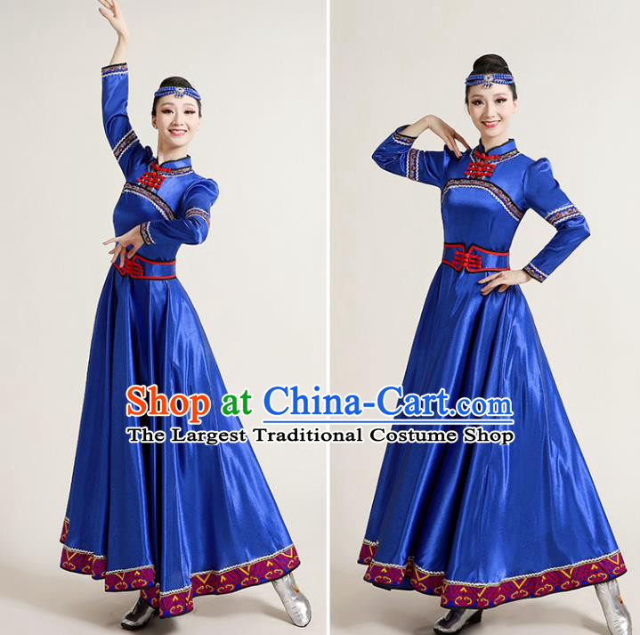 Chinese Traditional Mongol Nationality Royalblue Dress Mongolian Ethnic Folk Dance Costume