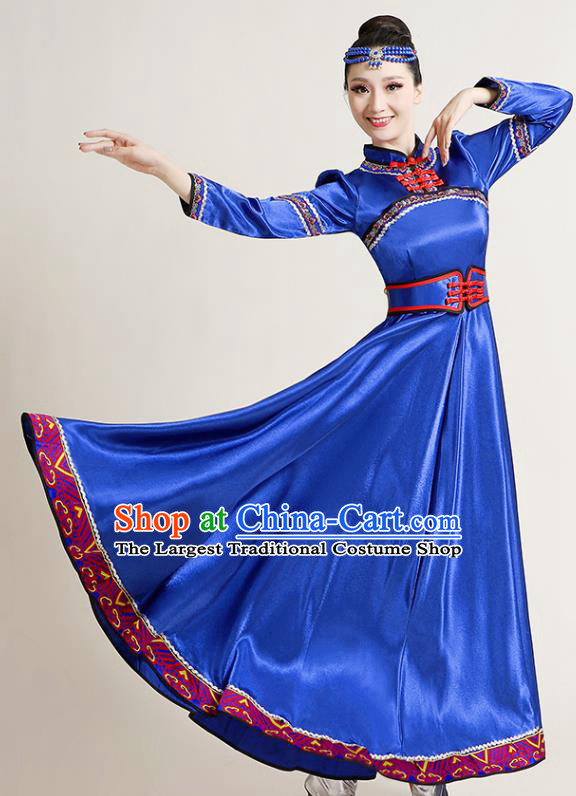 Chinese Traditional Mongol Nationality Royalblue Dress Mongolian Ethnic Folk Dance Costume