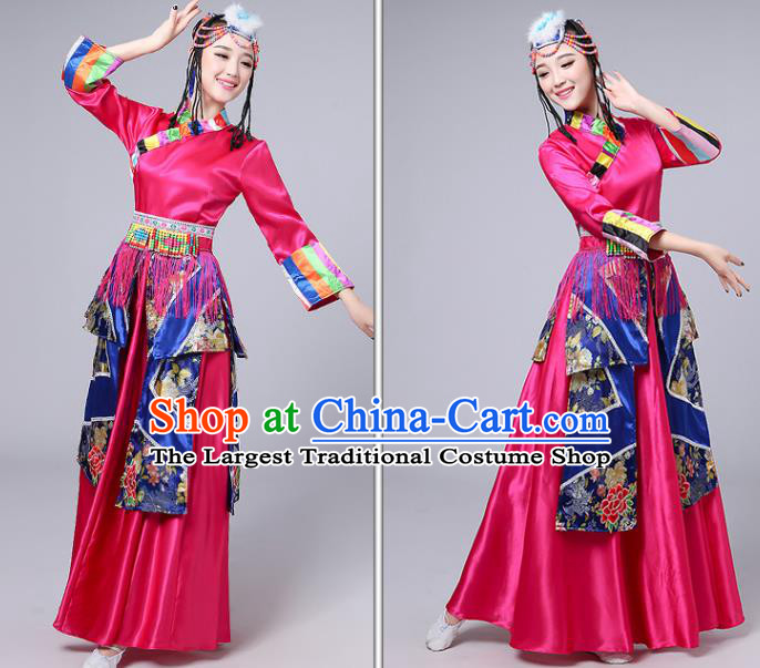 Chinese Traditional Zang Nationality Stage Performance Rosy Dress Outfits Tibetan Ethnic Dance Costume