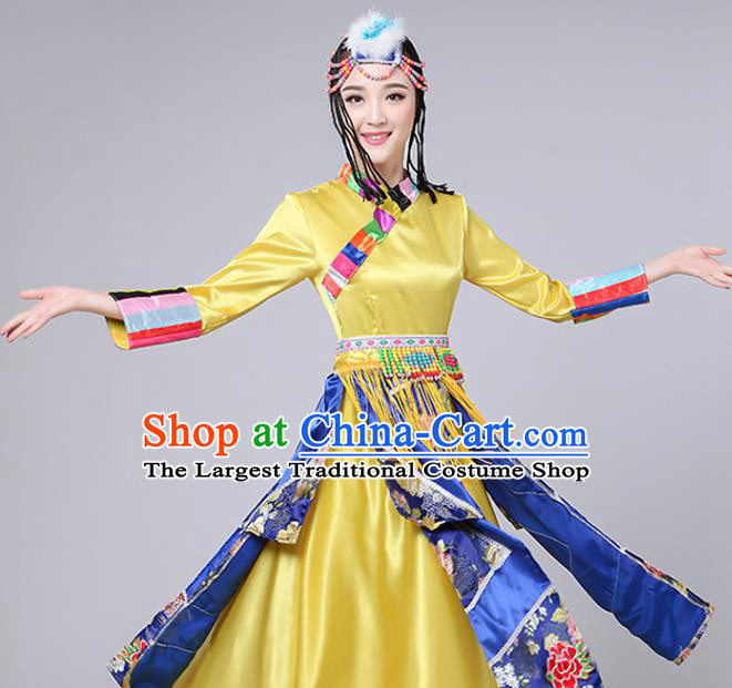 Chinese Minority Folk Dance Costume Tibetan Ethnic Yellow Dress Traditional Zang Nationality Stage Performance Outfits