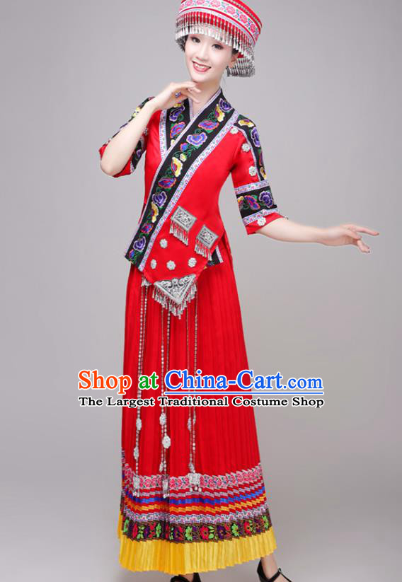 Chinese Zhuang Nationality Performance Red Dress Outfits Traditional Guangxi Ethnic Minority Folk Dance Costume