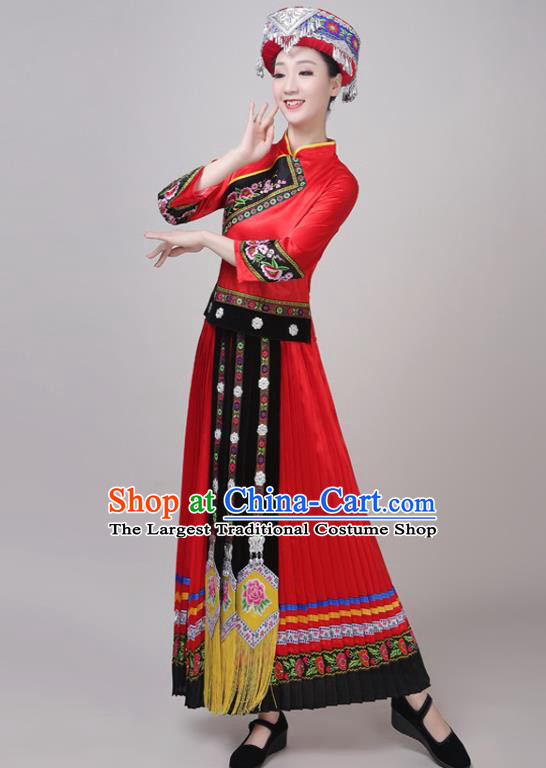 Chinese Traditional Yunnan Ethnic Minority Folk Dance Costume Tujia Nationality Performance Red Dress Outfits