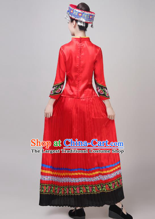 Chinese Traditional Yunnan Ethnic Minority Folk Dance Costume Tujia Nationality Performance Red Dress Outfits