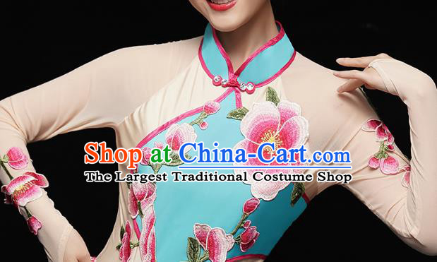 China Folk Dance Fan Dance Costume Yangko Dance Blue Uniforms Group Dance Performance Clothing