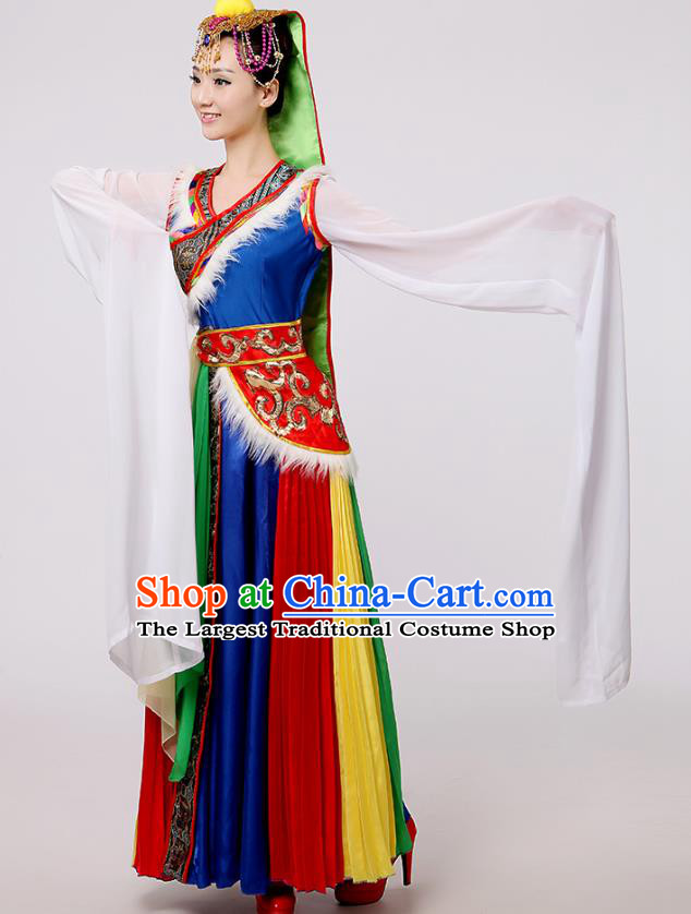 Chinese Traditional Tibetan Ethnic Minority Folk Dance Costume Zang Nationality Performance Water Sleeve Dress