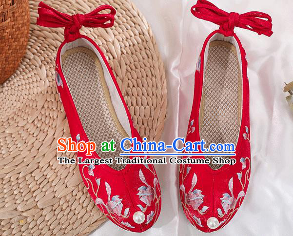 China National Wedding Red Satin Shoes Traditional Ming Dynasty Princess Bow Shoes Embroidered Mangnolia Shoes