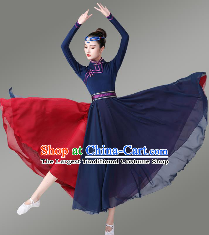 Chinese Traditional Mongol Nationality Dance Navy Dress Mongolian Ethnic Stage Performance Costume