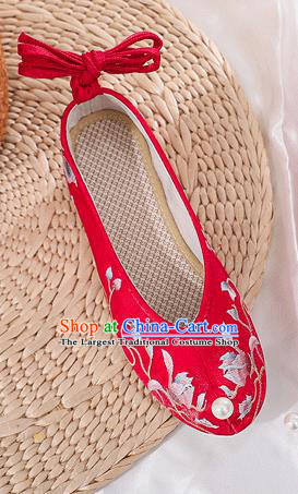 China National Wedding Red Satin Shoes Traditional Ming Dynasty Princess Bow Shoes Embroidered Mangnolia Shoes