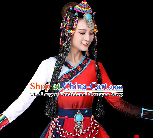 Chinese Xizang Zang Ethnic Folk Dance Costume Traditional Tibetan Nationality Stage Performance Red Dress