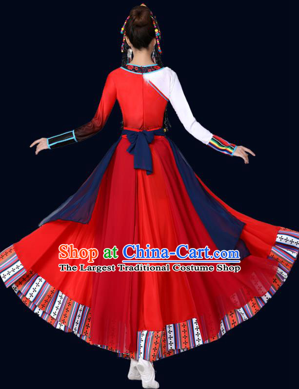 Chinese Xizang Zang Ethnic Folk Dance Costume Traditional Tibetan Nationality Stage Performance Red Dress