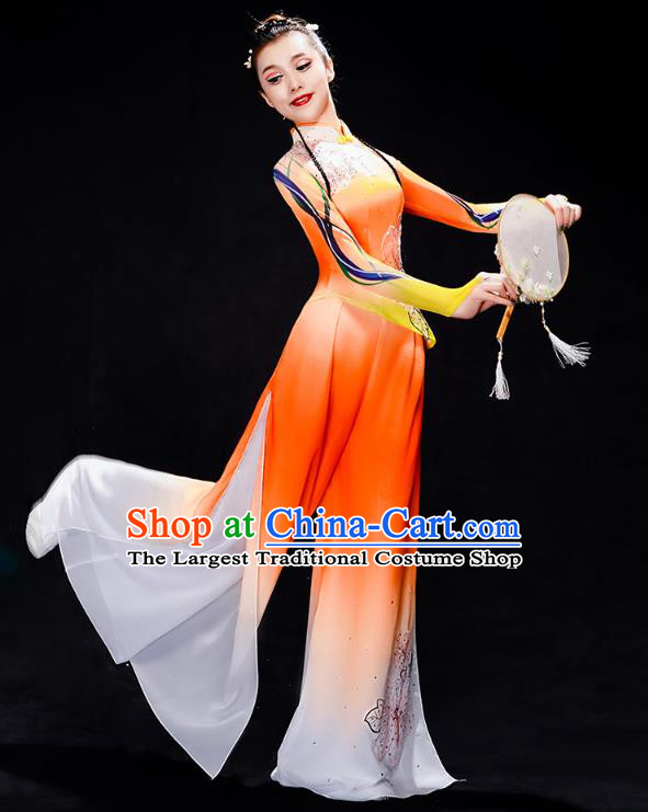 Chinese Classical Dance Costumes Woman Fan Dance Orange Outfits Traditional Umbrella Dance Clothing