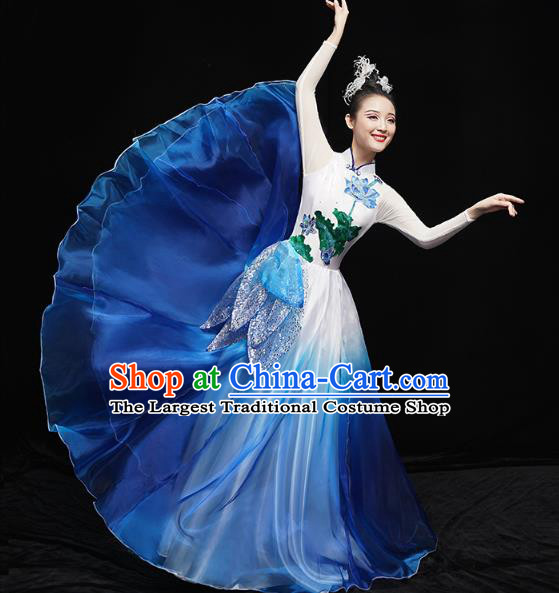 China Lotus Dance Clothing Chorus Group Performance Blue Dress Spring Festival Gala Opening Dance Costume