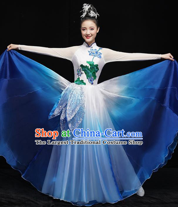 China Lotus Dance Clothing Chorus Group Performance Blue Dress Spring Festival Gala Opening Dance Costume