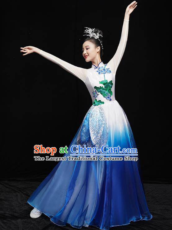 China Lotus Dance Clothing Chorus Group Performance Blue Dress Spring Festival Gala Opening Dance Costume