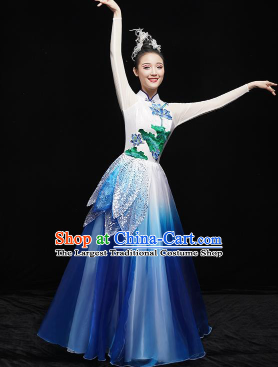 China Lotus Dance Clothing Chorus Group Performance Blue Dress Spring Festival Gala Opening Dance Costume