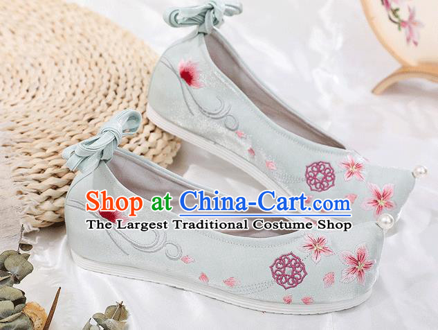 China Ancient Princess Light Blue Shoes Traditional Hanfu Bow Shoes Embroidered Shoes