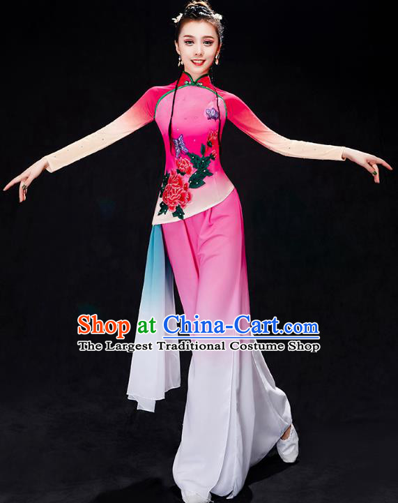 China Yangko Dance Rosy Uniforms Fan Dance Stage Performance Clothing Folk Dance Costume