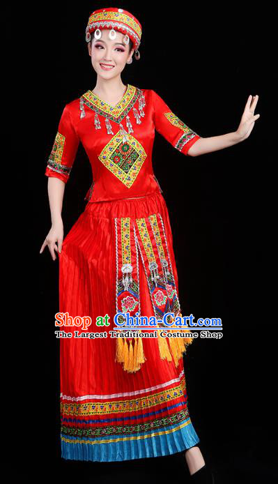 Chinese Yunnan Yi Ethnic Minority Folk Dance Costume Traditional Miao Nationality Dance Red Dress Outfits