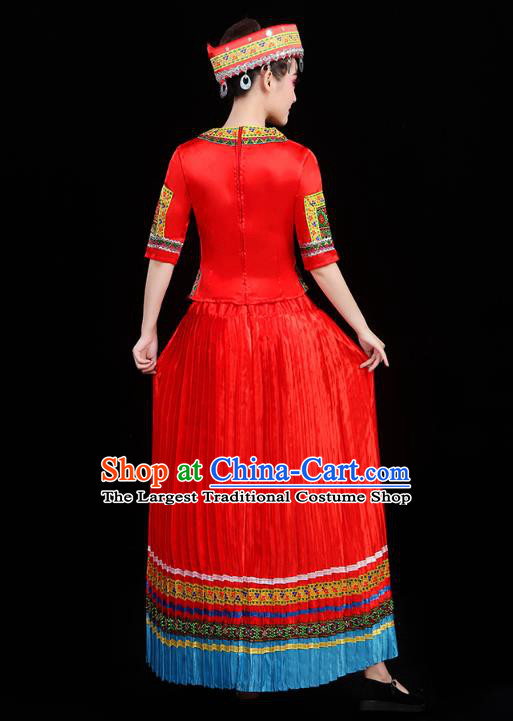 Chinese Yunnan Yi Ethnic Minority Folk Dance Costume Traditional Miao Nationality Dance Red Dress Outfits