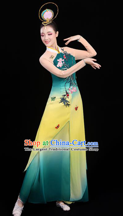 Chinese Umbrella Dance Embroidered Orchids Green Dress Traditional Performance Clothing Classical Dance Costumes