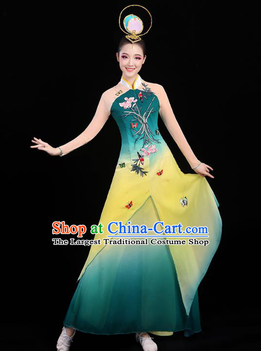 Chinese Umbrella Dance Embroidered Orchids Green Dress Traditional Performance Clothing Classical Dance Costumes