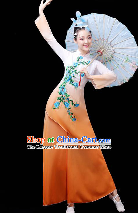 Chinese Umbrella Dance Orange Outfits Traditional Fan Dance Performance Clothing Classical Dance Costume
