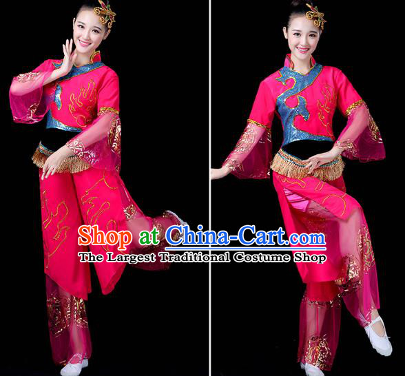 China Yangko Dance Rosy Uniforms Folk Dance Fan Dance Clothing Drum Dance Costume