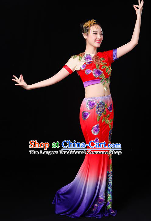 Chinese Yunnan Ethnic Performance Costume Traditional Dai Minority Nationality Peacock Dance Red Dress Outfits