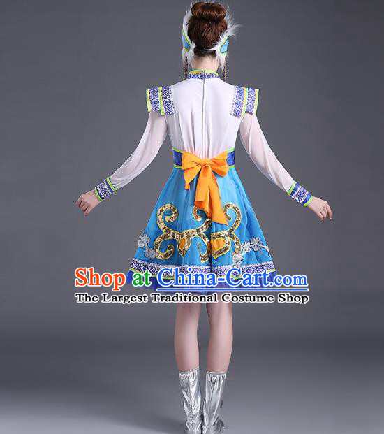 Chinese Mongolian Ethnic Minority Performance Costume Traditional Mongol Nationality Folk Dance Blue Short Dress