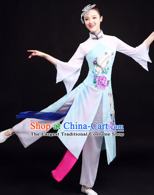 Chinese Female Solo Dance Performance Dress Traditional Umbrella Dance Blue Outfits Classical Dance Clothing