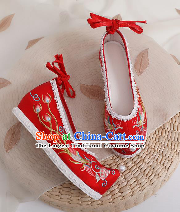 China Traditional Ming Dynasty Princess Shoes Wedding Red Cloth Shoes Embroidered Phoenix Peony Shoes