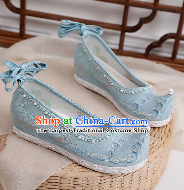 China Hanfu Shoes Blue Cloth Shoes Traditional Ming Dynasty Princess Shoes Embroidered Bow Shoes