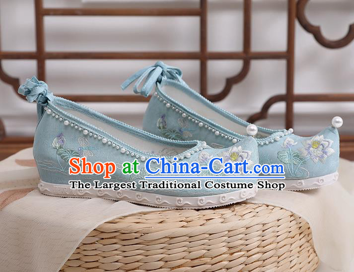 China Hanfu Bow Shoes Traditional Ming Dynasty Princess Shoes Embroidered Lotus Blue Cloth Shoes