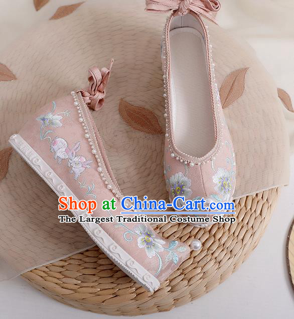 China Traditional Ming Dynasty Pink Cloth Shoes Princess Shoes Embroidered Rabbit Flowers Shoes Hanfu Bow Shoes