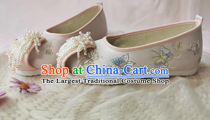 Chinese Classical Hanfu Butterfly Shoes National Folk Dance Shoes Traditional Embroidered Pink Cloth Shoes