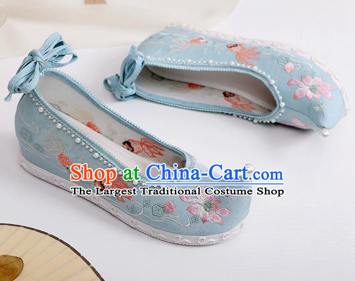 China Embroidered Lotus Goldfish Shoes Handmade Blue Cloth Shoes Ancient Ming Dynasty Princess Bow Shoes