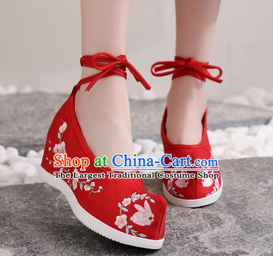 Chinese Traditional Hanfu Wedge Heel Shoes Embroidered Red Satin Shoes National Woman Shoes