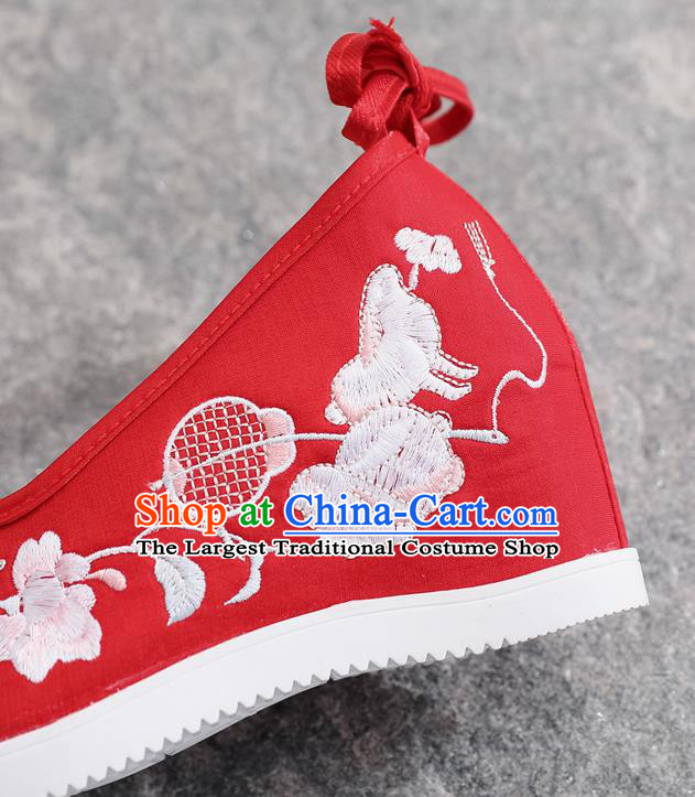 Chinese Embroidered Bamboo Leaf Shoes National Woman Shoes Traditional Hanfu Red Satin Wedge Heel Shoes